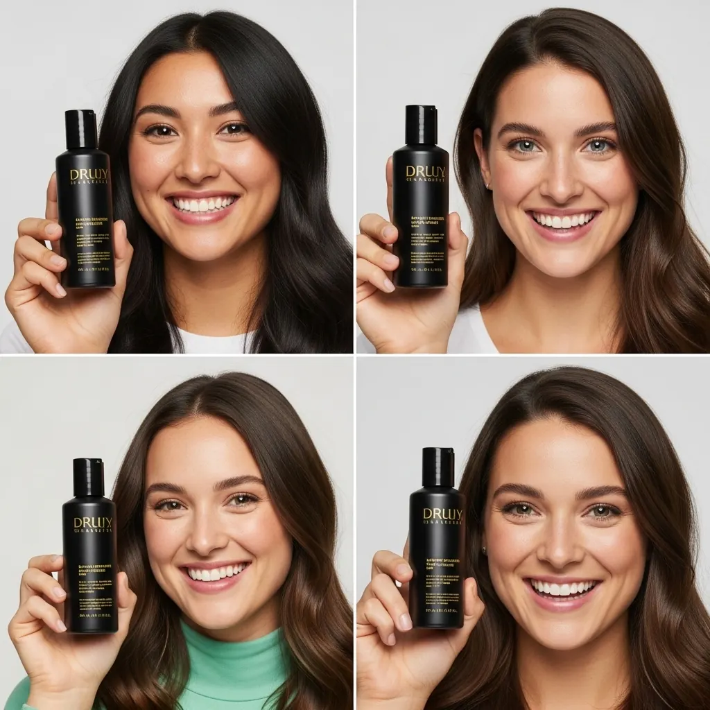 Quatre publicités générées pour un produit capillaire : quatre femmes souriantes tiennent le même flacon sombre près de leur visage, avec le même cadrage face caméra.