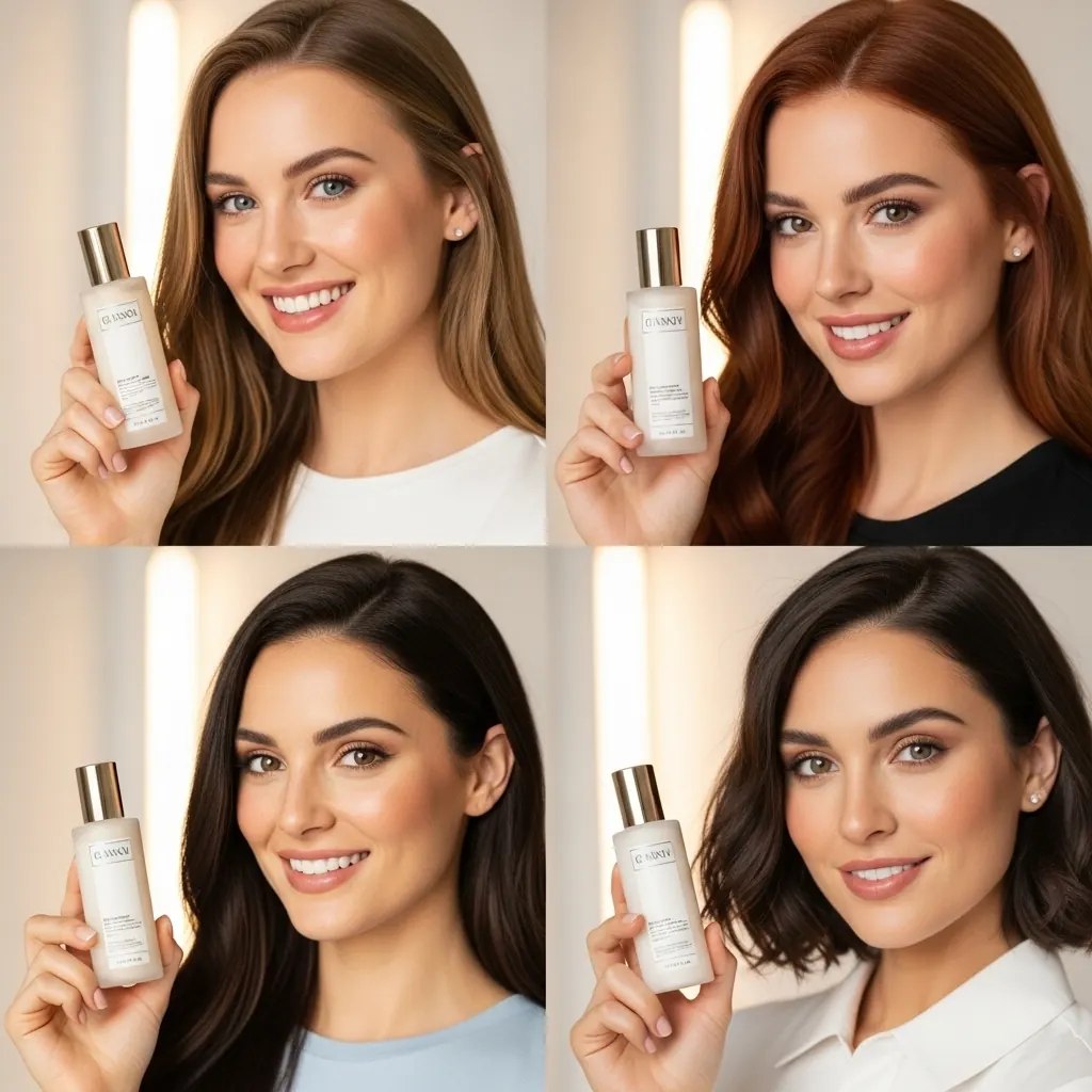 Quatre publicités générées pour un produit de beauté : quatre femmes souriantes tiennent le même flacon blanc près de leur visage, avec le même cadrage et le même éclairage.