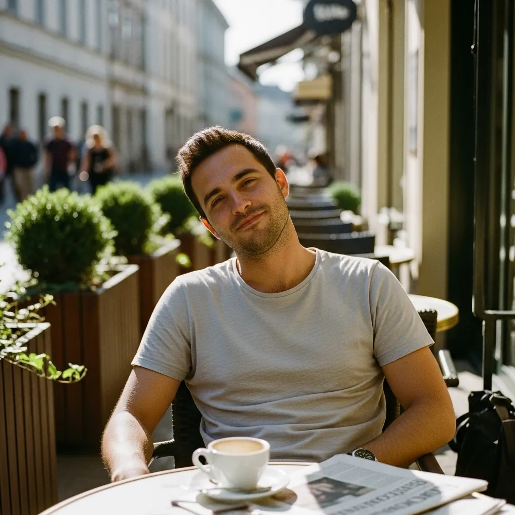 Après : homme généré par IA à une terrasse de café, avec un café et un journal, sur une photo prise sur le vif en lumière naturelle, l’expression détendue.