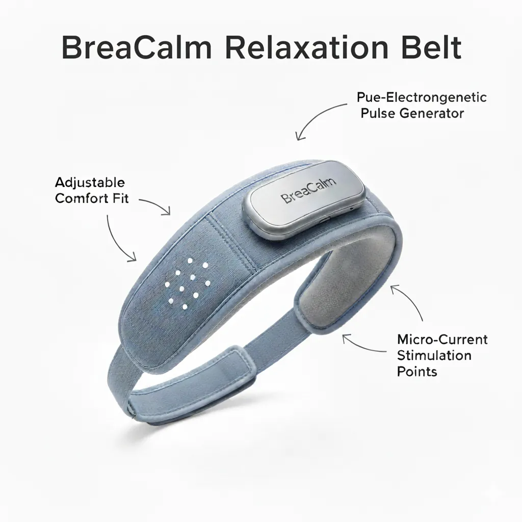 Photo produit de la ceinture de relaxation BreaCalm, une bande rembourrée munie d’un boîtier de commande, avec des légendes qui signalent son ajustement réglable, ses points de stimulation et son générateur d’impulsions.
