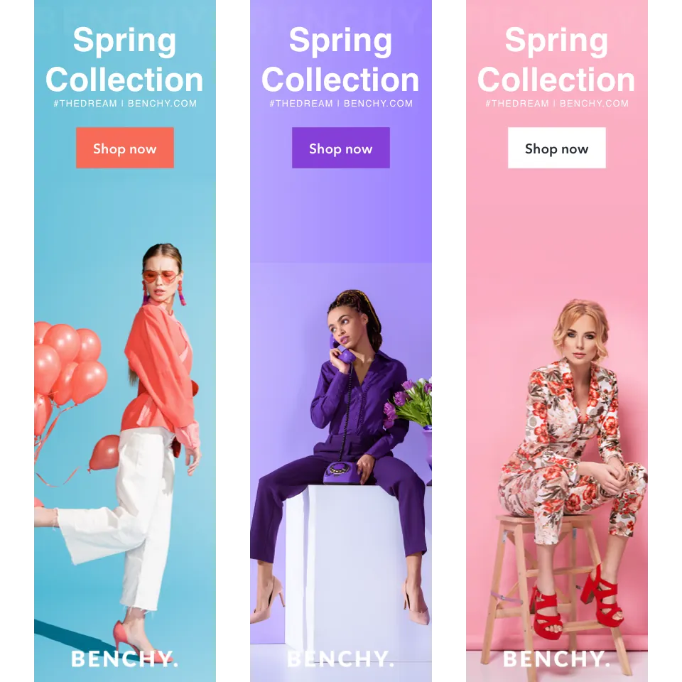 Trois bannières verticales pour la même collection de printemps, chacune avec un mannequin, une palette de couleurs et un décor différents, toutes avec le titre en anglais « Spring Collection » et un bouton « Shop now ».