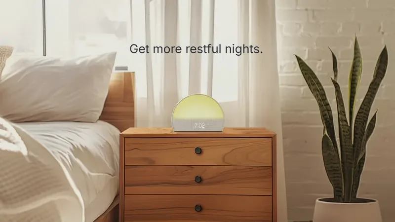Un réveil simulateur d’aube sur une table de chevet en bois, dans une chambre lumineuse, avec l’accroche en anglais « Get more restful nights » (des nuits plus reposantes).