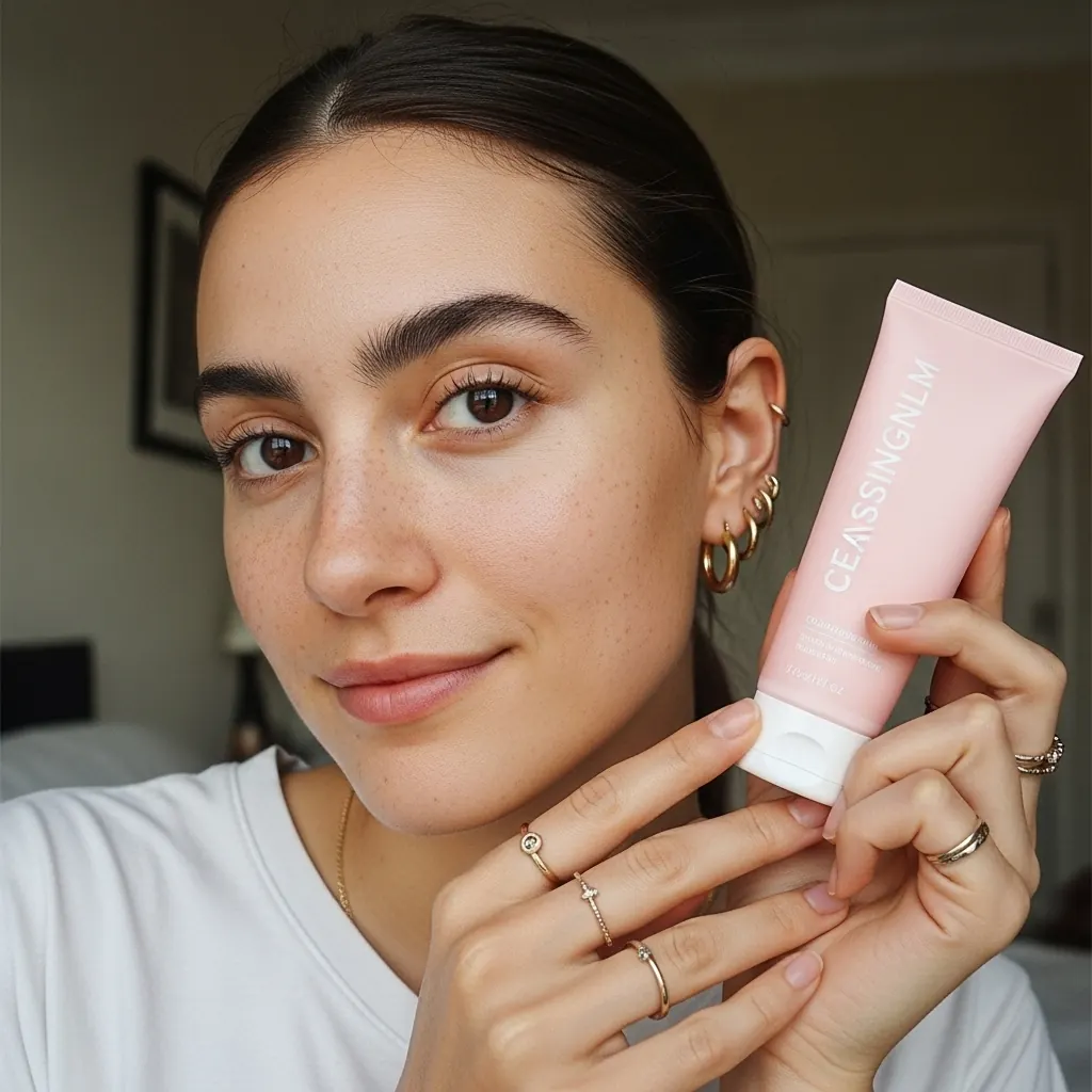 Après : femme générée par IA tenant un tube de nettoyant, avec une texture de peau naturelle, des pores visibles et des taches de rousseur.