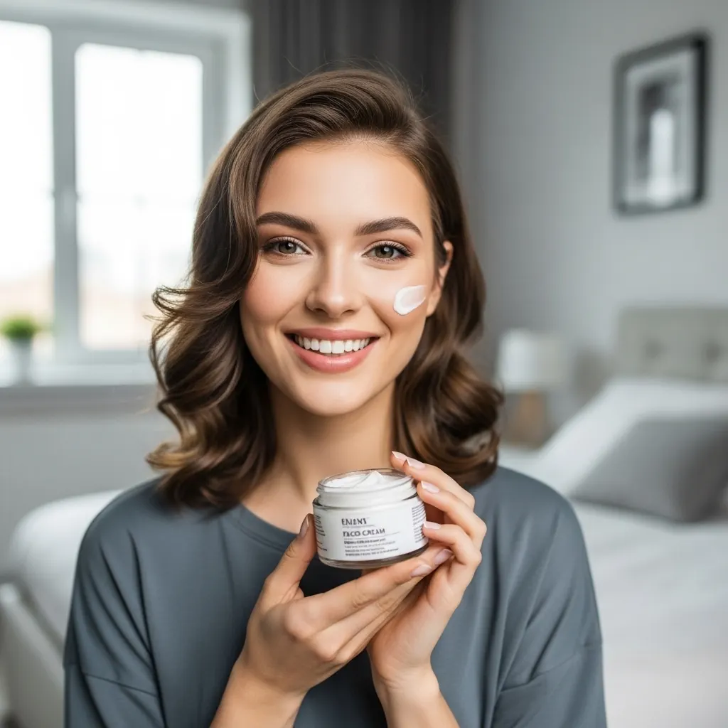 Avant : femme générée par IA tenant un pot de crème pour le visage, la peau trop lisse, comme retouchée à l’aérographe, sans texture visible.