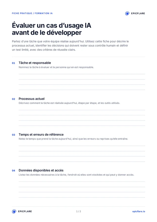 Première page de la fiche pratique « Évaluer un cas d’usage IA avant de le développer », avec des champs numérotés et des lignes pour écrire